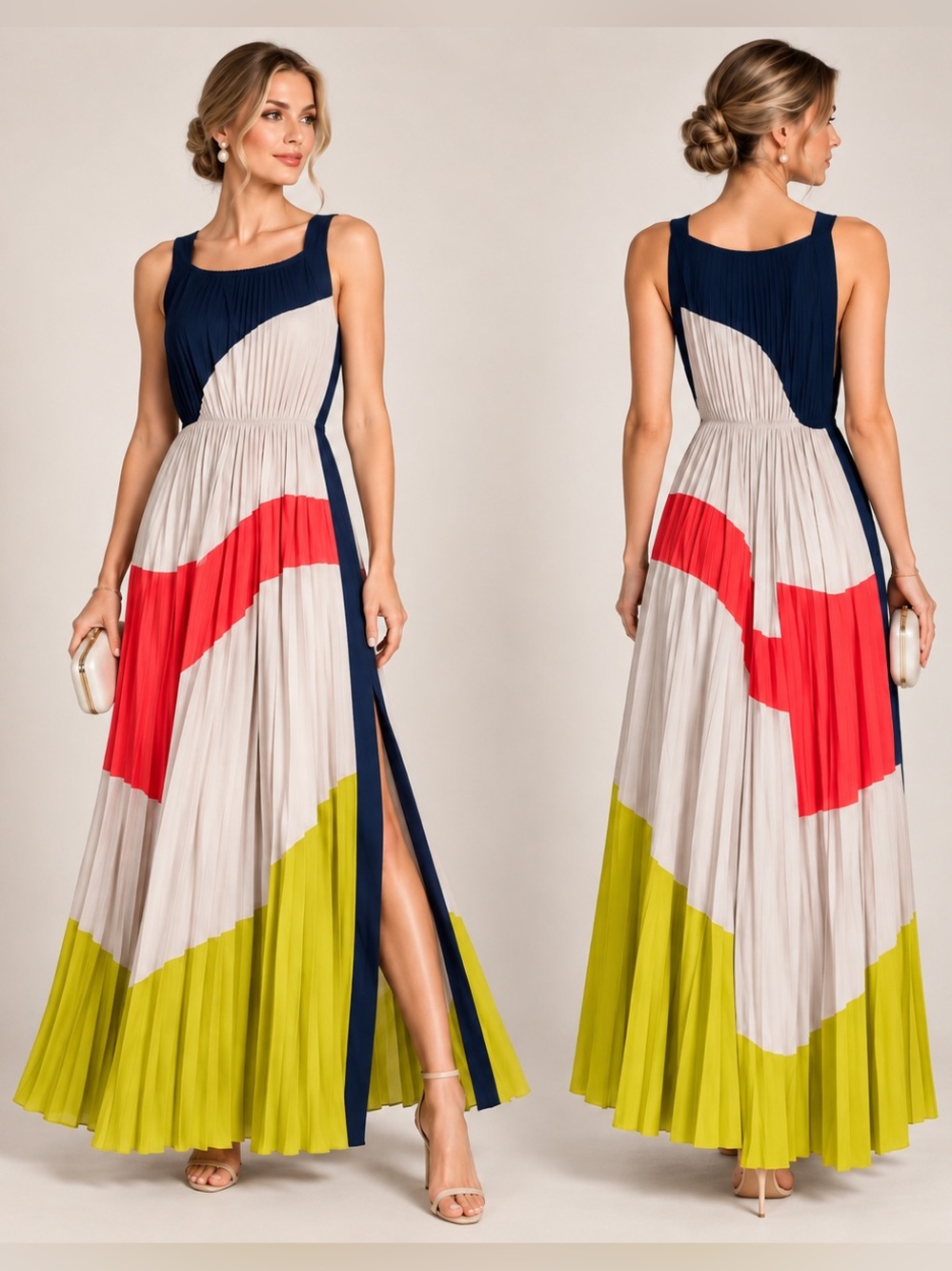 BCBGMaxAzria Runway Pleated Colorblock Maxi Dress in Navy Coral Lime Artsy Sz XS
